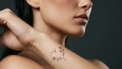 Minimalist floral heart wrist tattoo on woman's forearm - close-up, fine-line design on dark background