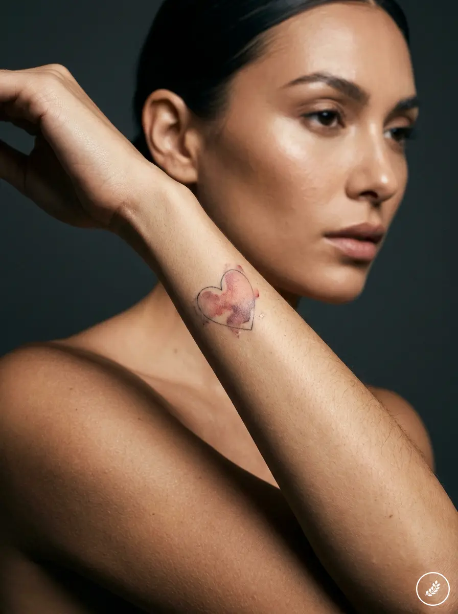 Close-up beauty portrait of woman showing watercolor heart wrist tattoo on forearm, minimal studio lighting