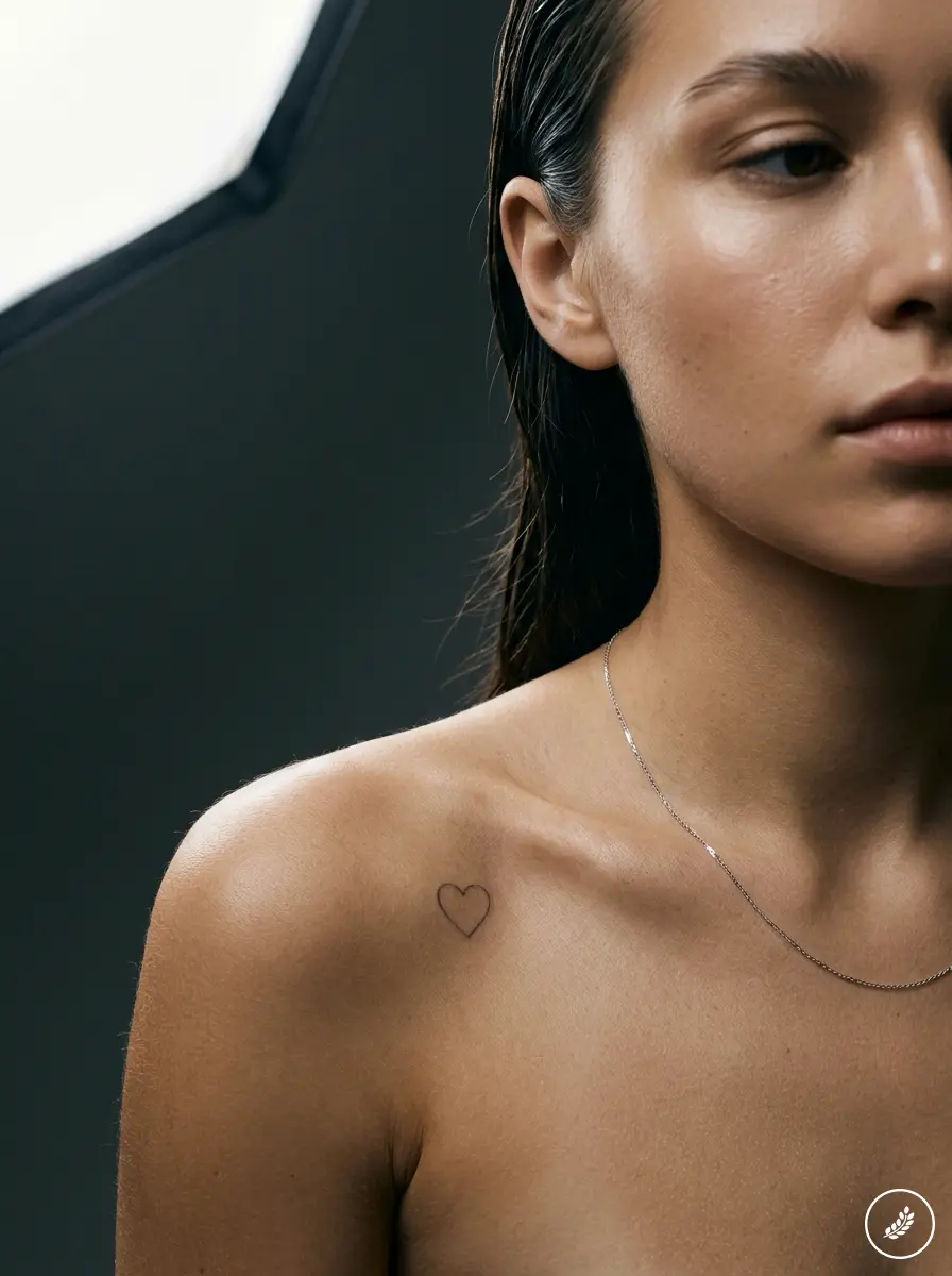 Close-up of woman's shoulder with minimalist heart tattoo and delicate chain necklace on dark background