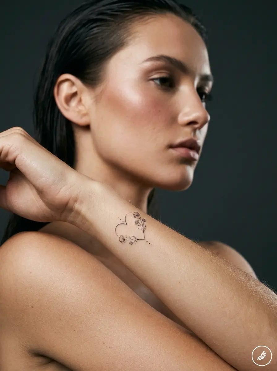 Minimalist floral heart wrist tattoo on woman's forearm - close-up, fine-line design on dark background