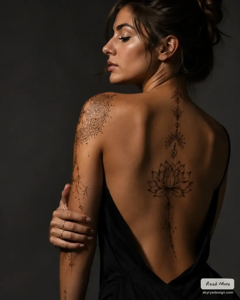 Elegant woman in black dress showing mandala shoulder and lotus spine back tattoo with delicate dotwork on dark background