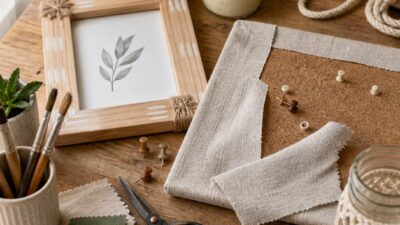 Realistic DIY home decor workspace with frames, planter, candle, rope and tools