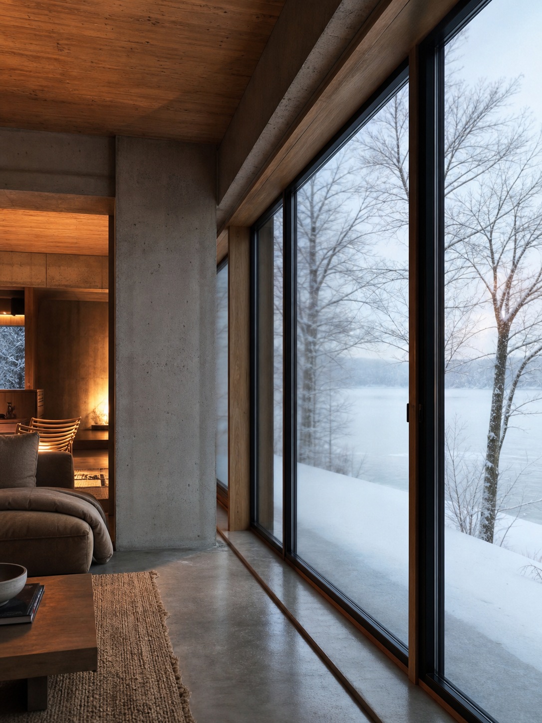 Modern interior with floor-to-ceiling high-performance glazing and no condensation on the glass.