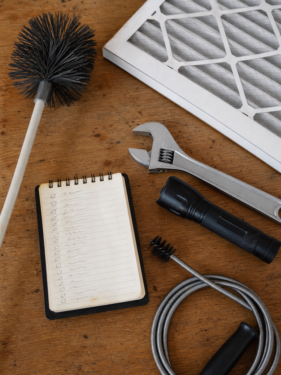 Coil brush, HVAC filter, flashlight, wrench, and maintenance notebook arranged on a wooden workbench.