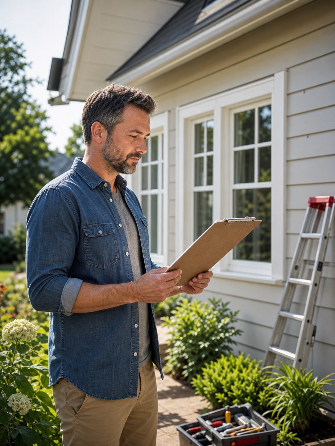 Homeowner reviewing a clipboard while inspecting a clean home exterior with tools and a ladder nearby.
