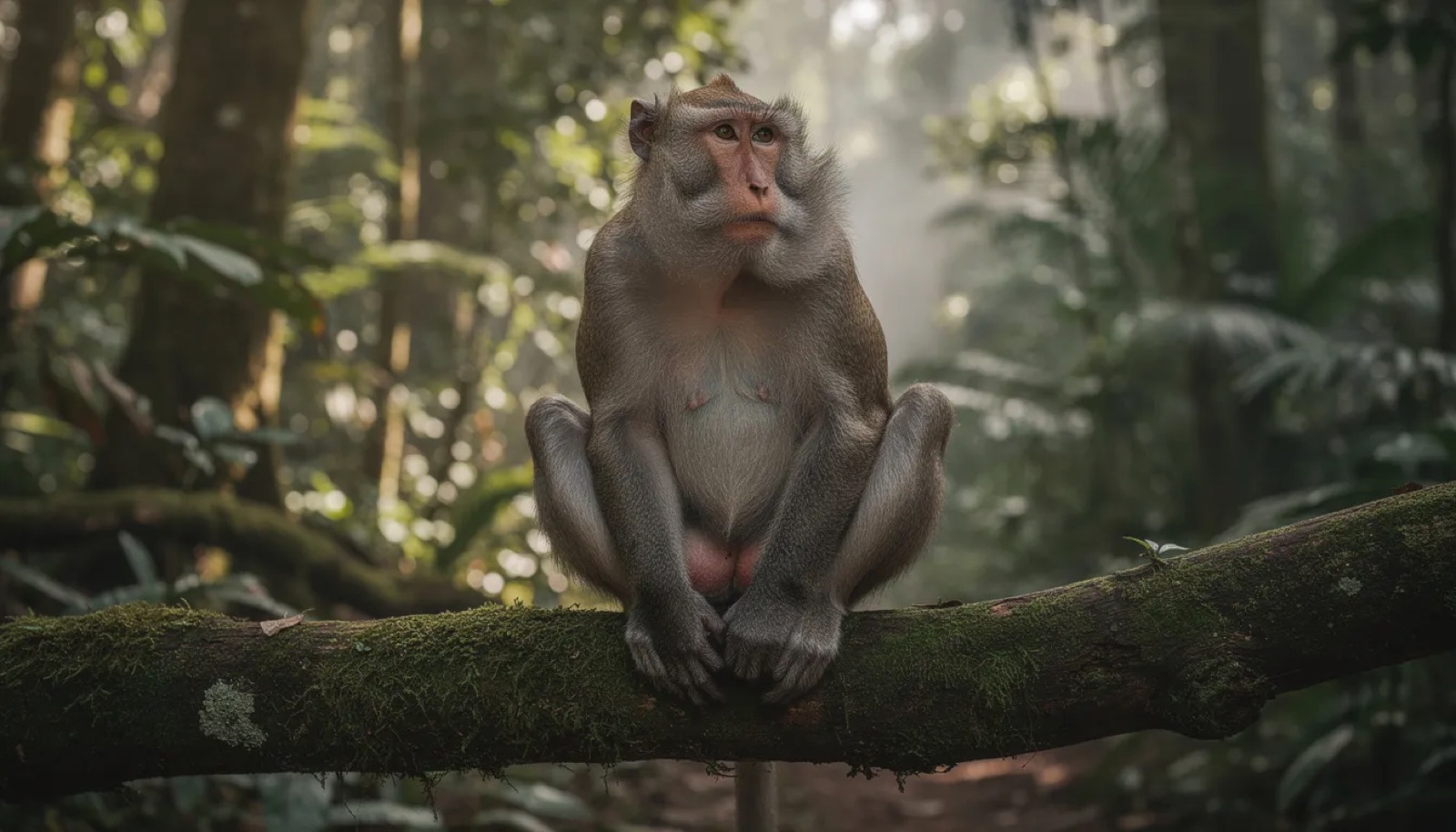 A realistic brown monkey is perched on a thick tree branch in a lush forest, showcasing its expressive face with bright eyes, a long tail, and detailed fur. The monkey's body is relaxed, embodying a cute and playful demeanor in its natural habitat.