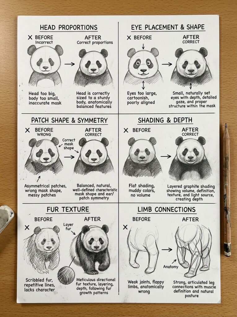 Panda drawing guide: before/after sketches in a grid with notes on proportions, eyes, patches, shading, fur and limb anatomy.