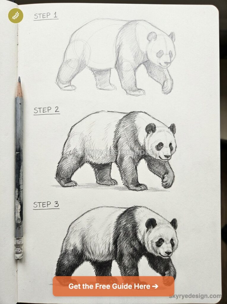 Step-by-step pencil sketch tutorial of a walking giant panda showing three-stage drawing progression with pencil