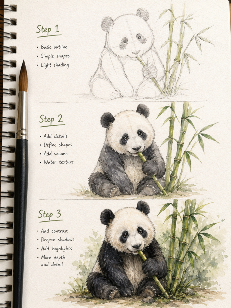 Watercolor panda tutorial: three-step sketch to detailed painting of panda eating bamboo in sketchbook