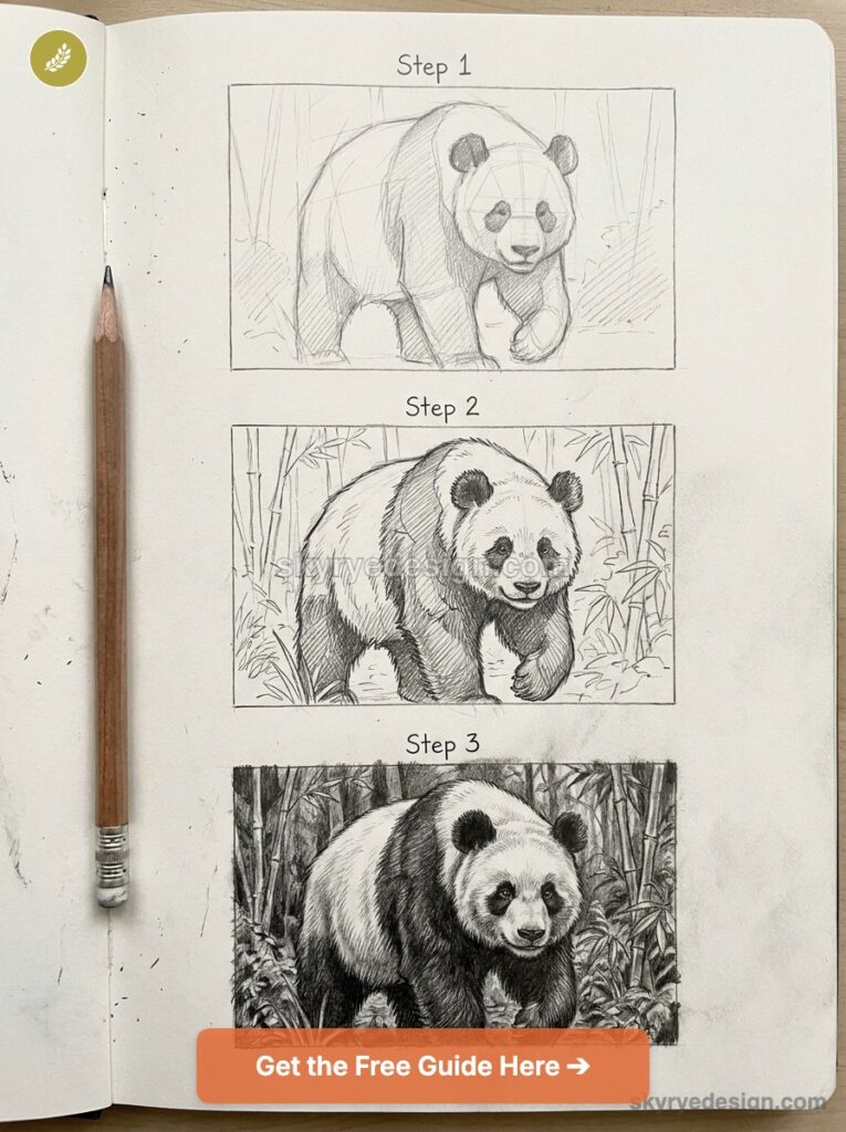 Panda drawing tutorial: 3-step pencil sketches in sketchbook showing rough layout, refined details and final shaded panda.