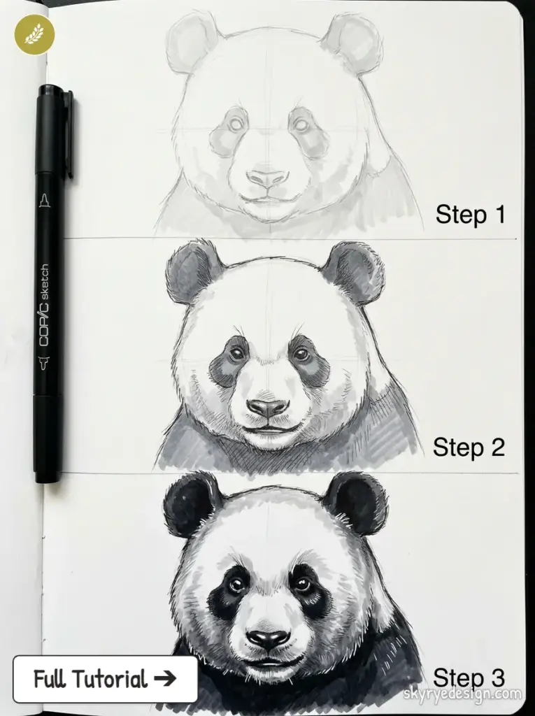 Step-by-step panda drawing tutorial in three stages on sketchbook with pencil and ink, pen shown