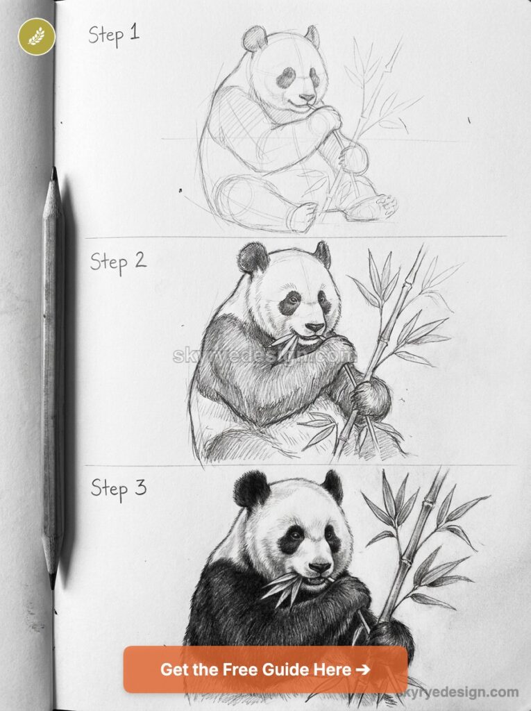 Panda drawing tutorial: step-by-step pencil sketches showing three stages of a realistic panda eating bamboo