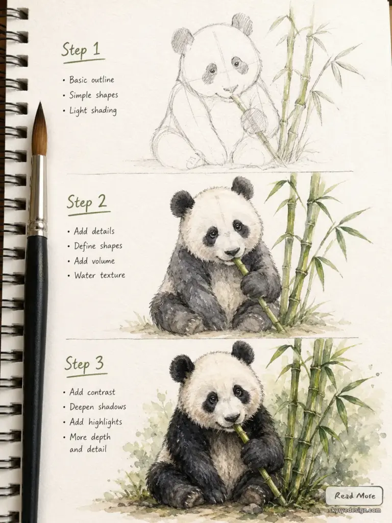 Watercolor panda step-by-step tutorial in sketchbook: sketch to detailed painting, bamboo and paintbrush shown.