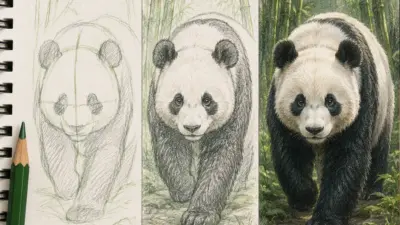 Step-by-step panda illustration: initial sketch, shaded pencil study, final realistic colored drawing in bamboo forest