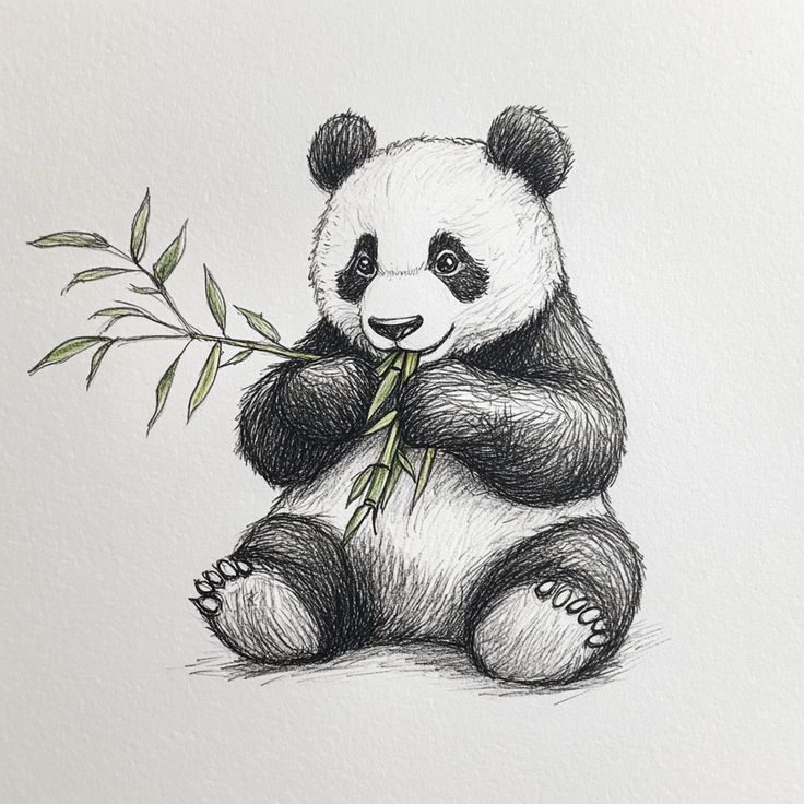 Hand-drawn cute panda illustration eating bamboo on white background, black ink sketch with green leaves