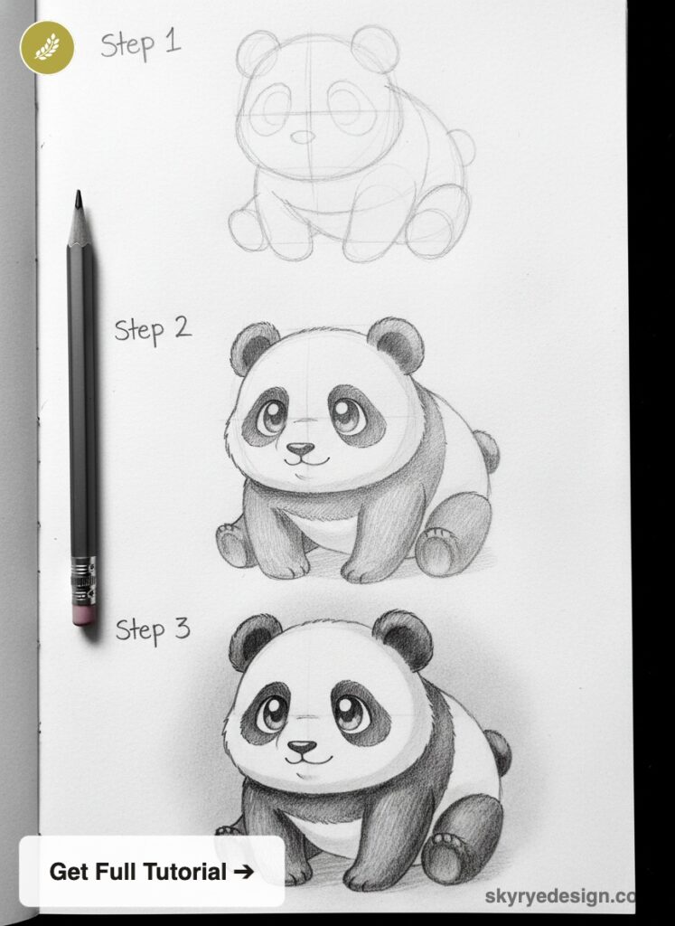 How to draw a cute panda: step-by-step pencil sketch tutorial showing three stages in a sketchbook with pencil