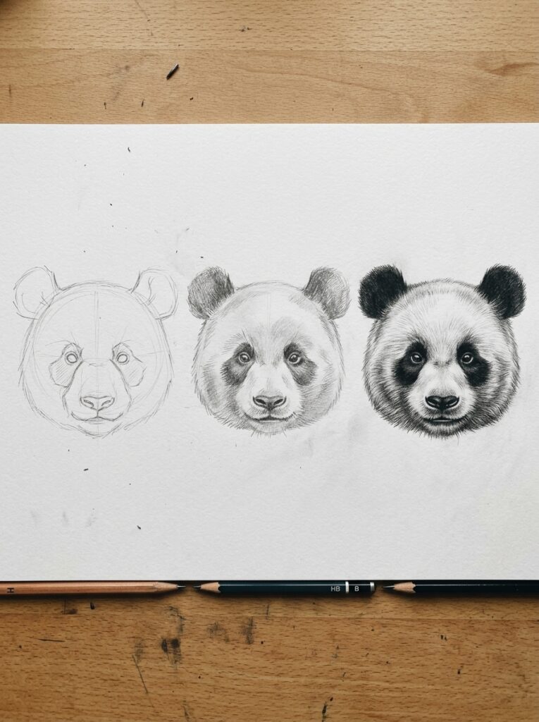 Panda pencil sketches showing three stages of a panda head on paper, with two pencils on a wooden desk