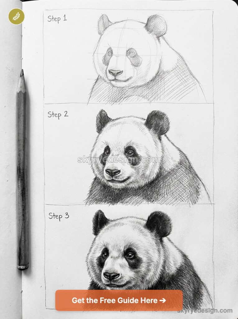 Panda pencil sketch tutorial: step-by-step drawing stages from rough outline to detailed realistic portrait