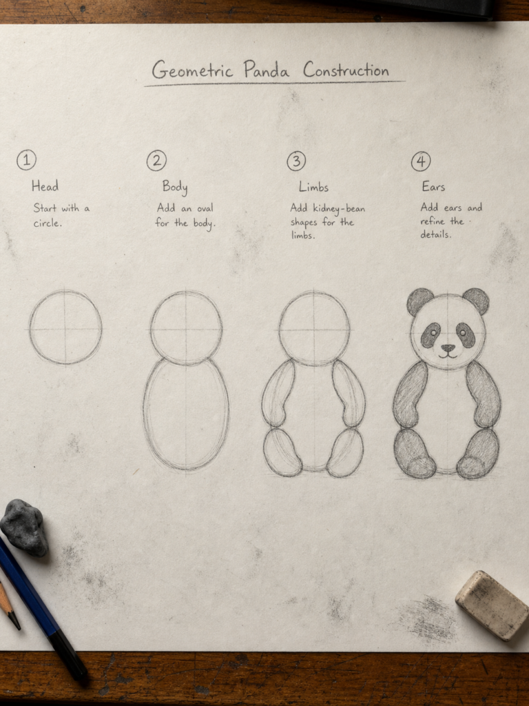 Geometric panda construction: 4-step pencil drawing tutorial showing head, body, limbs, ears with sketching tools on paper