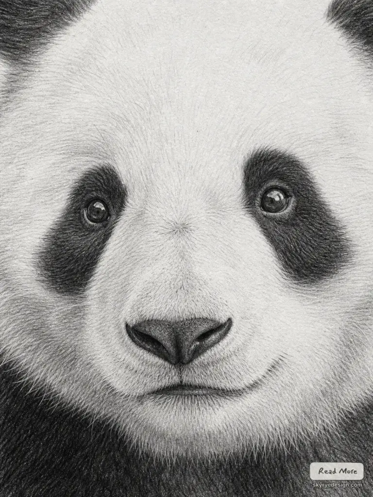 Close-up pencil drawing of a giant panda face — black and white portrait with detailed fur texture