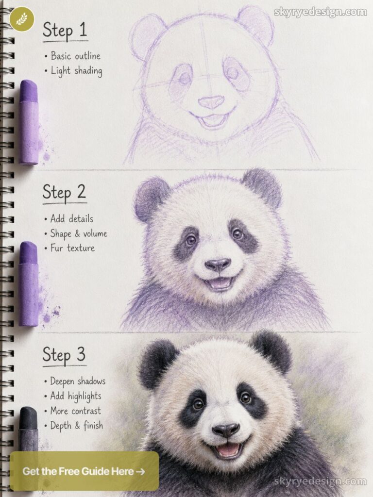 Step-by-step panda drawing tutorial: basic sketch, added fur texture, and finished realistic colored-pencil panda portrait.