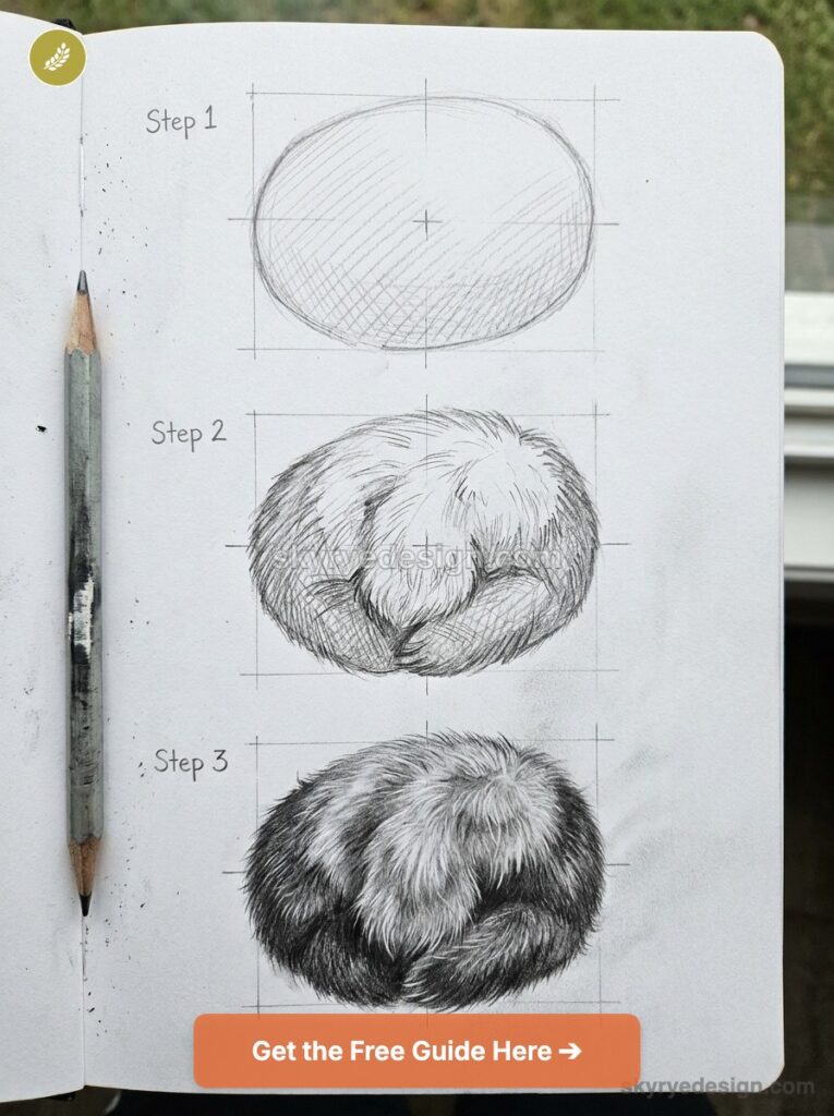 Pencil drawing tutorial: 3-step sketch of a curled fluffy dog showing construction, fur texture and shading in sketchbook.