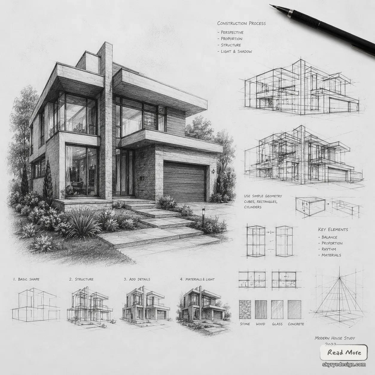 cottage-drawin Pencil architectural sketch of modern two‑story house with perspective studies, construction notes and material swatches. | Sky Rye Design Pencil architectural sketch of modern two‑story house with perspective studies, construction notes and material swatches.
