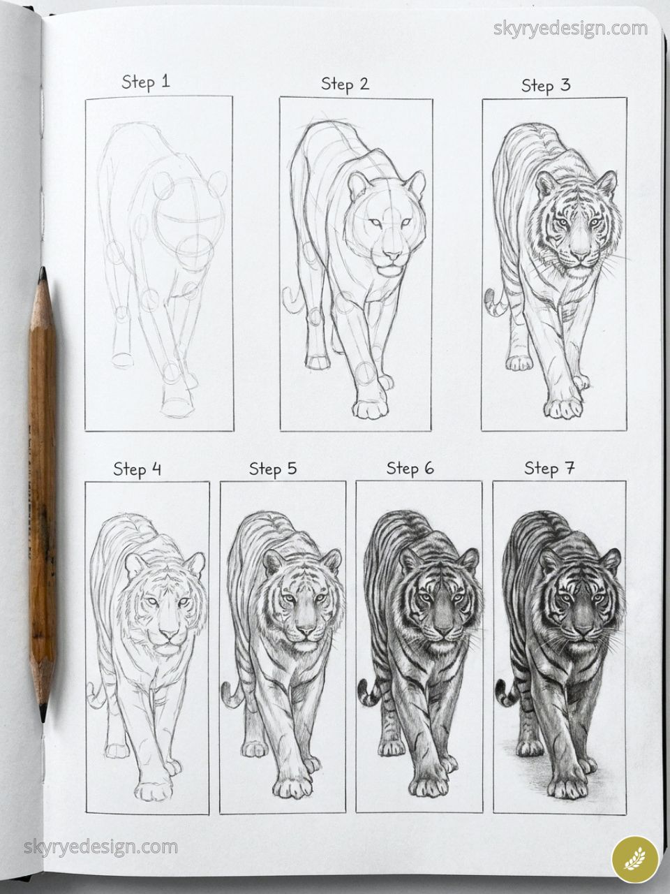 Step-by-step pencil drawing tutorial showing seven stages of a walking tiger sketch on a sketchbook page