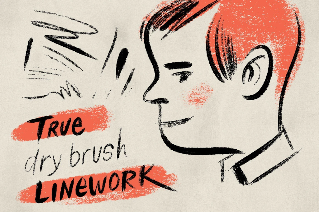 Dry-brush linework portrait of a male profile with orange accents and True dry brush LINEWORK text