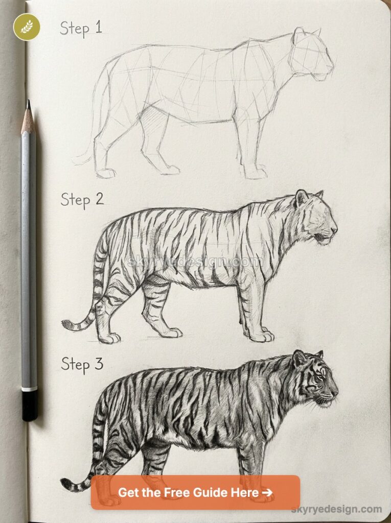Step-by-step pencil tiger drawing tutorial showing three stages: basic sketch, adding stripes, and detailed shaded tiger