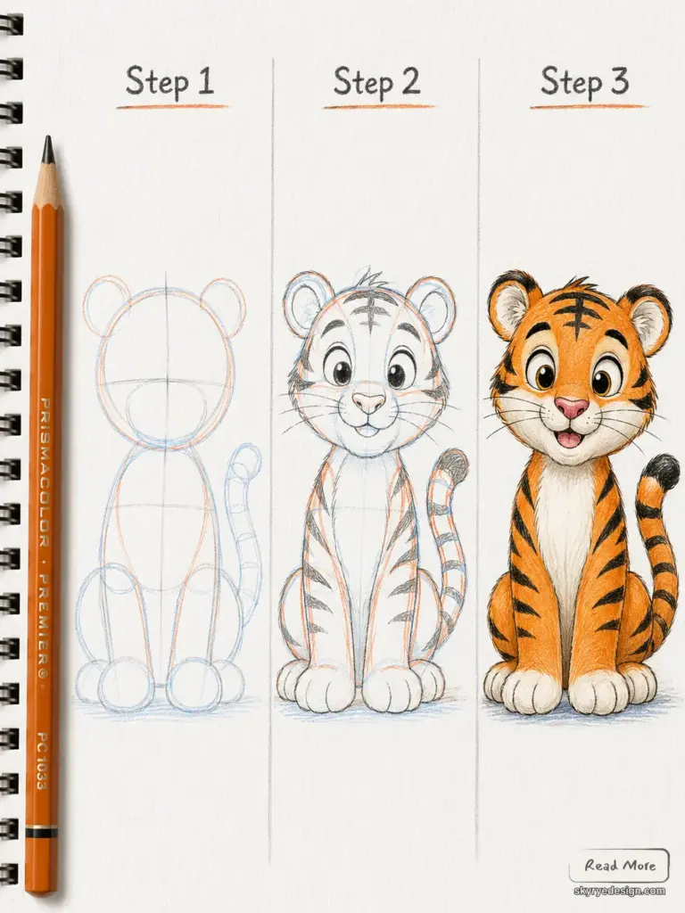 How to draw a tiger cub: three-step pencil tutorial from basic construction lines to finished colored illustration