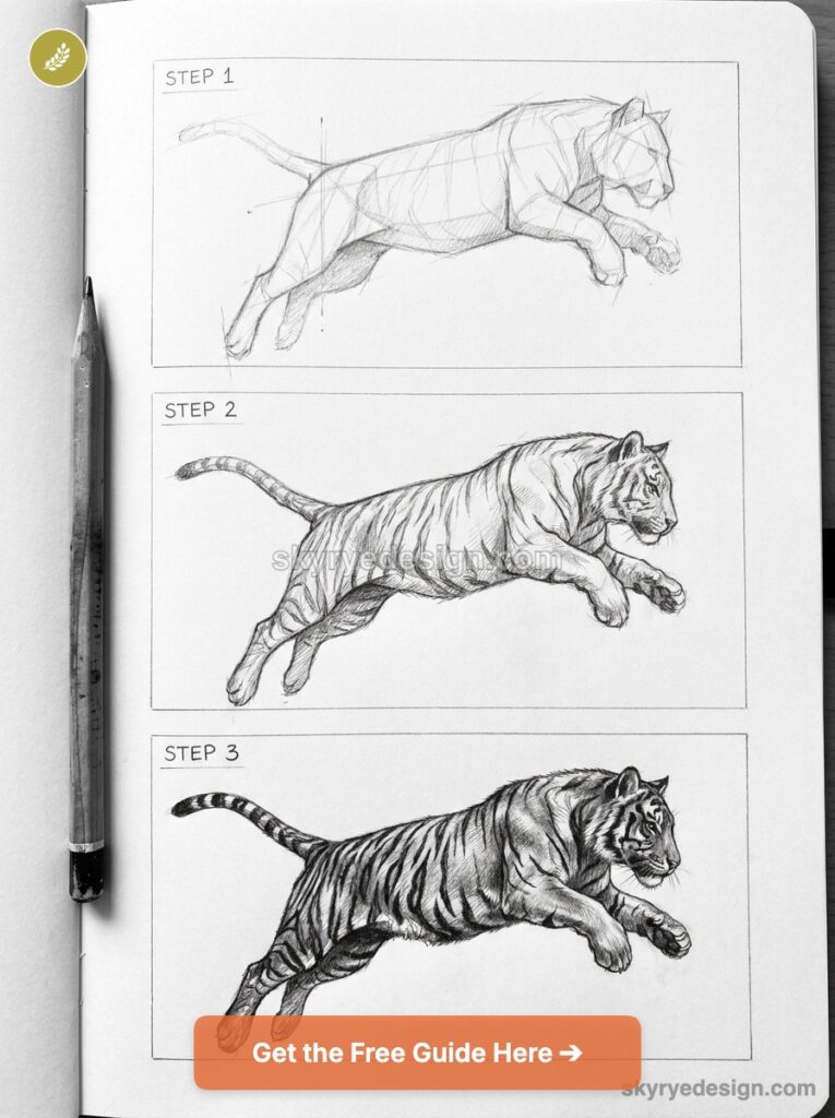 Pencil sketch tutorial of a leaping tiger in three-step stages on a sketchbook page with a pencil