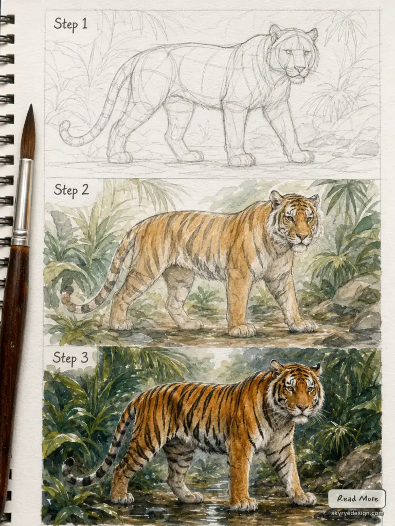 Watercolor tiger tutorial: step-by-step pencil sketch to finished painting in three stages with jungle background and brush