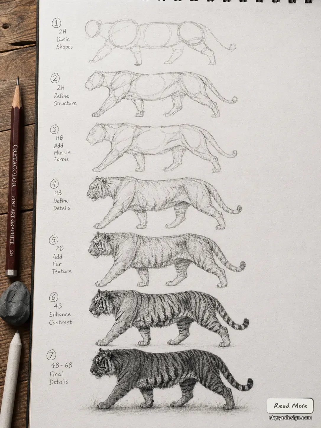 Pencil tiger drawing tutorial - 7-step progression from basic shapes to final shaded tiger, graphite sketch