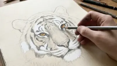 Close-up of artist's hand shading a realistic pencil sketch of a tiger's head with amber eyes