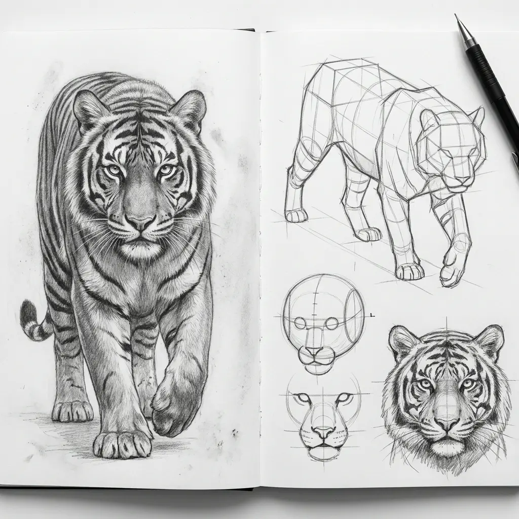 Sketchbook pages showing detailed pencil tiger drawings and construction studies: walking tiger and head guides