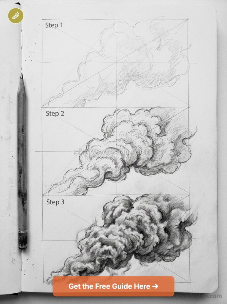 How to draw smoke: three-step pencil sketch tutorial of billowing clouds in a sketchbook with a graphite pencil