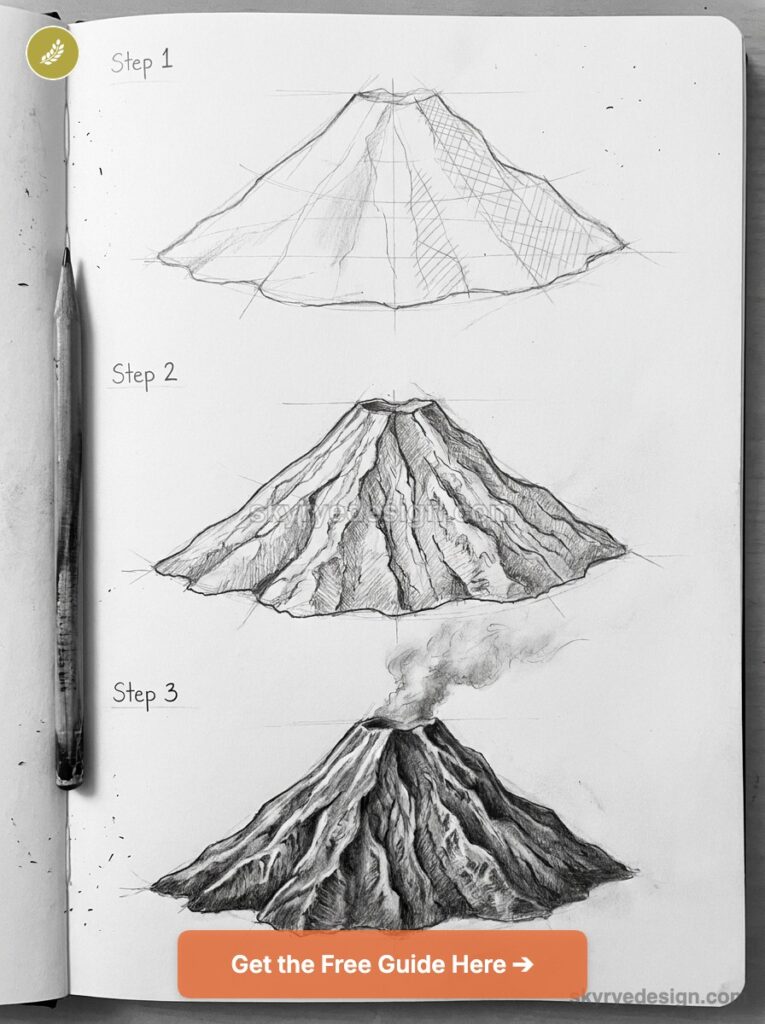 Step-by-step pencil sketches of a volcano in a sketchbook showing three stages with pencil at left and smoke from crater.