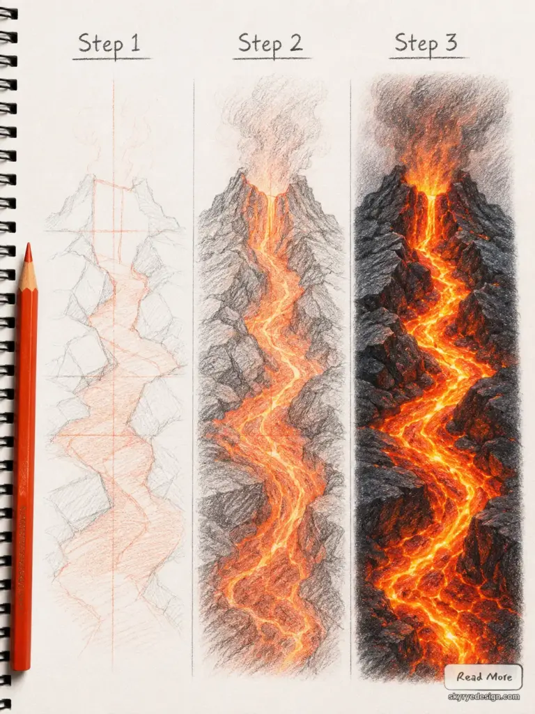 Three-step colored-pencil tutorial showing lava flow and erupting volcano sketches in a spiral sketchbook
