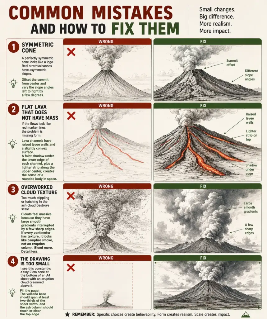 Volcano drawing infographic: common mistakes & fixes — symmetric cone, flat lava, cloud texture, scale
