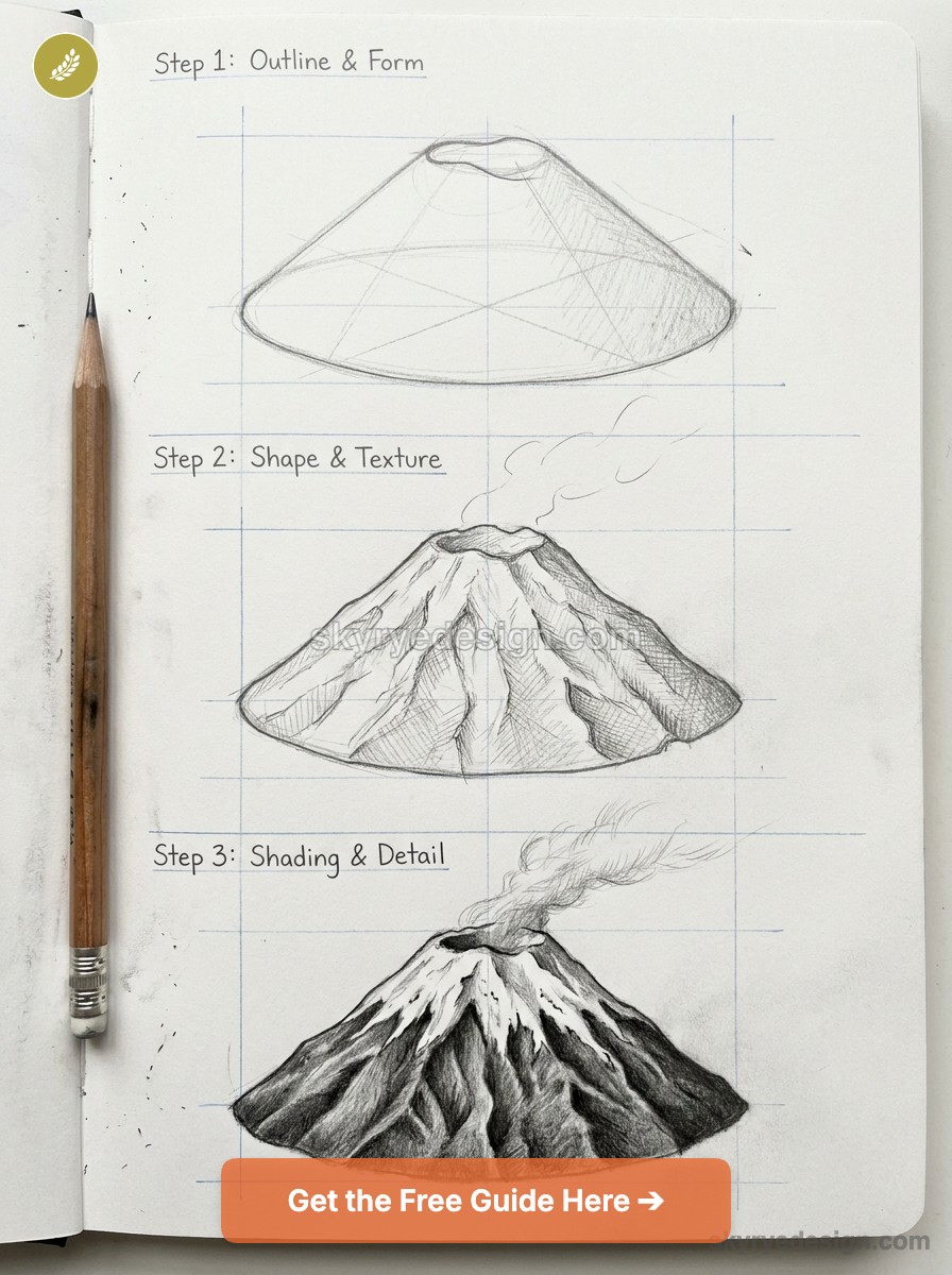 Step-by-step pencil volcano drawing tutorial on grid notebook showing outline, texture, and shading with pencil at left.