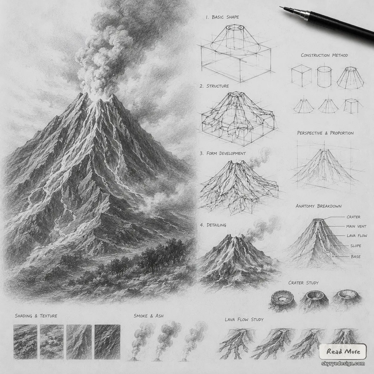 Volcano drawing tutorial: detailed pencil sketches showing basic shapes, anatomy, shading, smoke and lava flow.