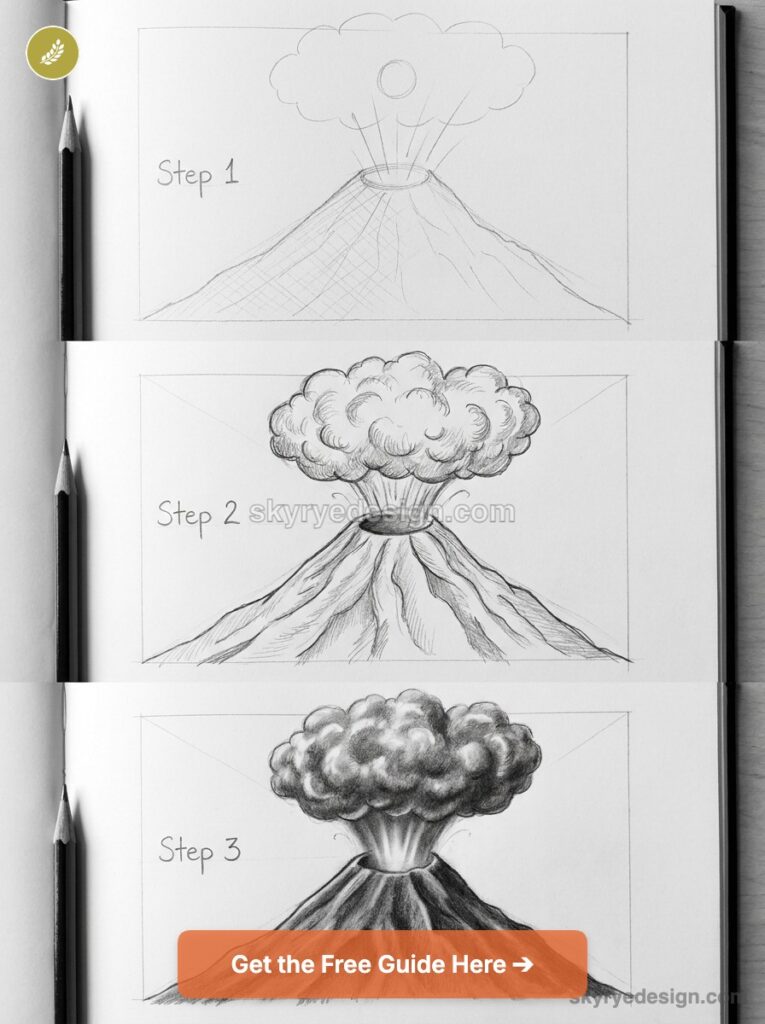 Three-step pencil sketch tutorial of a volcanic eruption in a sketchbook, from rough outline to detailed shaded cloud.