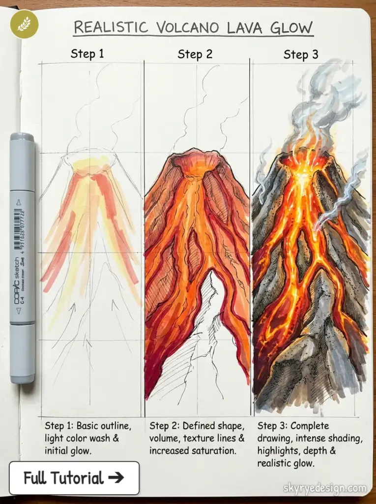 Three-panel volcano lava glow tutorial marker sketch: Step 1 outline, Step 2 defined texture, Step 3 finished colored lava