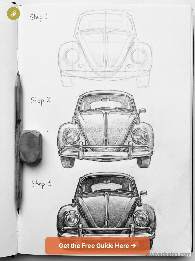 tutorial-volkswagen-beetle-front Three-step pencil drawing progression of a classic VW Beetle front view in a sketchbook, with pencil and eraser. | Sky Rye Design Three-step pencil drawing progression of a classic VW Beetle front view in a sketchbook, with pencil and eraser.