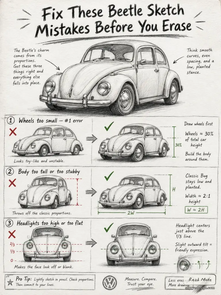 65bd77bf-0749-46c2-91f3-f4fe3f127664 VW Beetle sketch tutorial showing common drawing mistakes and fixes: wheel size, body proportions, headlight placement. | Sky Rye Design VW Beetle sketch tutorial showing common drawing mistakes and fixes: wheel size, body proportions, headlight placement.