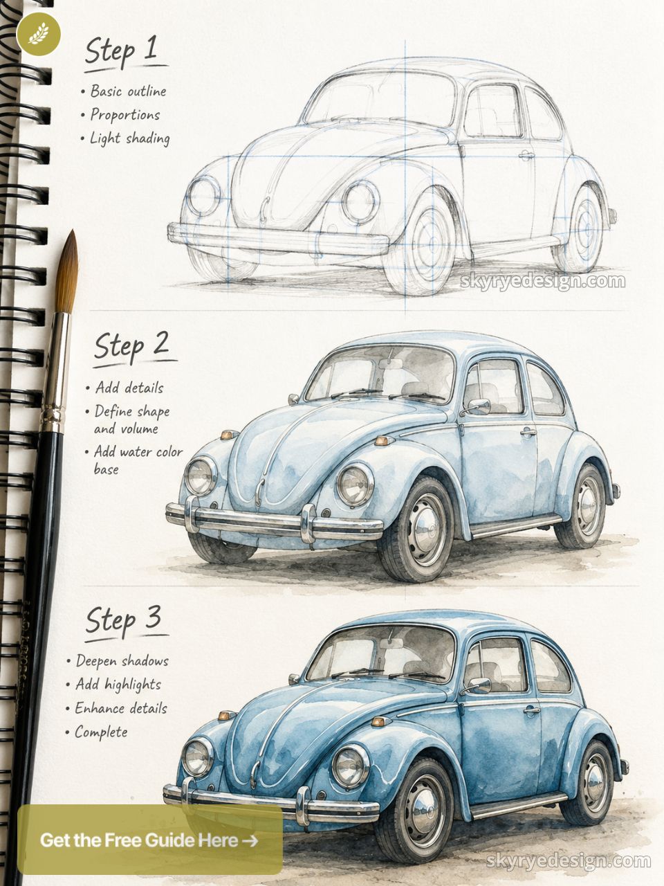 how-to-draw-additional-content - 2026-06-02T220823918 Step-by-step watercolor tutorial showing sketch to finished blue vintage Beetle car illustration with brush | Sky Rye Design Step-by-step watercolor tutorial showing sketch to finished blue vintage Beetle car illustration with brush