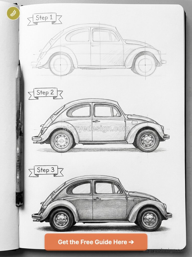 tutorial-volkswagen-beetle-side-view Three-step pencil sketch of a vintage Beetle from outline to shaded finish, labeled Step 1–Step 3 bannered. | Sky Rye Design VW Beetle pencil drawing tutorial: three-step sketch in a sketchbook with pencil