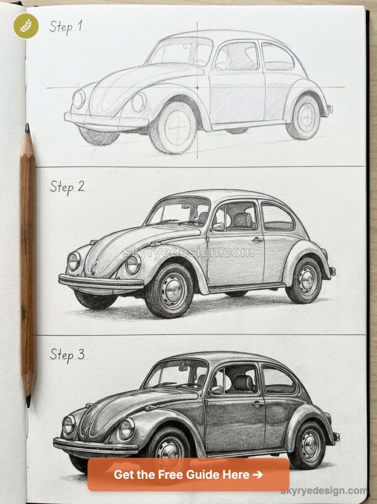 tutorial-volkswagen-beetle Three-step pencil drawing of a vintage Volkswagen Beetle in a notebook: Step 1 sketch, Step 2 shaded rendering, Step 3 finished detailed drawing. | Sky Rye Design Three-step pencil drawing of a vintage Volkswagen Beetle in a notebook: Step 1 sketch, Step 2 shaded rendering, Step 3 finished detailed drawing.