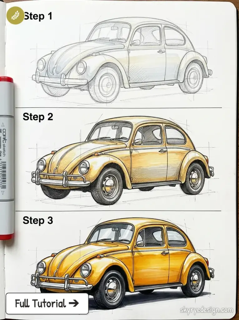 copic-tutorial-1780426309707 Step-by-step sketch tutorial of a yellow VW Beetle in a sketchbook | Sky Rye Design Step-by-step sketch tutorial of a yellow VW Beetle in a sketchbook